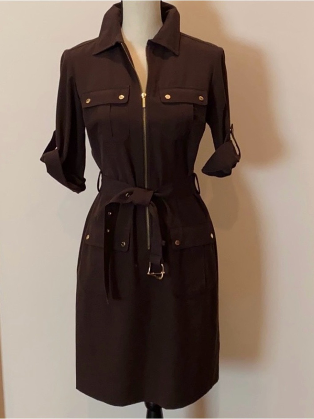 MICHAEL Michael Kors Chocolate Brown Utility Midi Shirt Dress